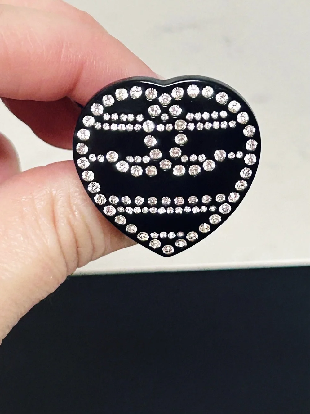 Authentic CHANEL Rare Vintage CC 2009 Large Black Heart Crystal Lucite Ring